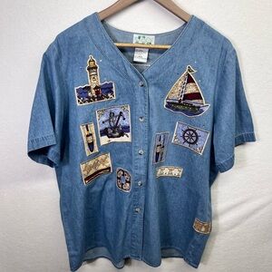 Quacker Factory Vintage Denim Lighthouse Shirt Womens L Embroidered Ocean 1781